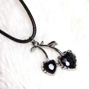 Heart Shaped Black Crystal Cherries Silver Charm on a Black Rope Necklace